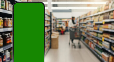Obraz premium Grocery Shopping App Advertisement Featuring Green Screen Mobile Phone Display Shopping Application Mobile Commerce Smart Device Food Purchase Digital Store Retail Business