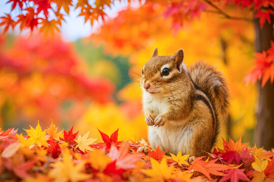 Siberian chipmunk sitting among colorful japanese maple leaves