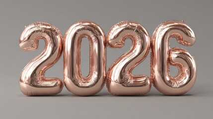 Celebration with shiny rose gold balloons displaying the year 2026 for a festive event