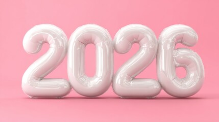 Bold balloon numbers represent the year 2026 on a soft pink background during a celebratory event