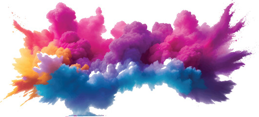 An abstract colorful background features ink splashes reminiscent of a bright blue sky with fluffy white cumulus clouds