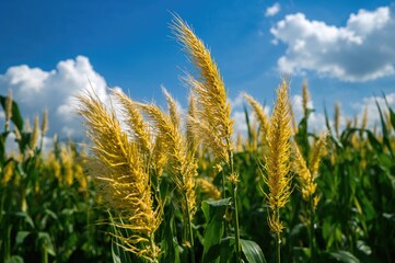 Summer blue sky with maize flower stamens