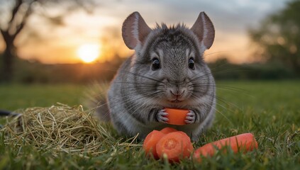Chinchilla taking a nighttime stroll savoring tasty snacks
