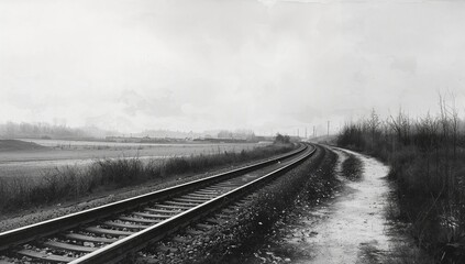 Fototapeta premium Black and white illustration of railway lines next to a walkway with room for text