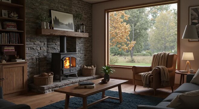 Cozy living room interior with burning fireplace and rain falling outside the window
