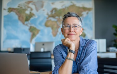 Professional woman sitting in modern office with world map backdrop, smiling confidently while working at her desk