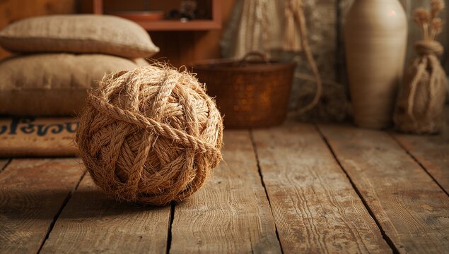 Eco-friendly jute twine sphere resting on rustic wooden surface, Sustainable textile goods for everyday use