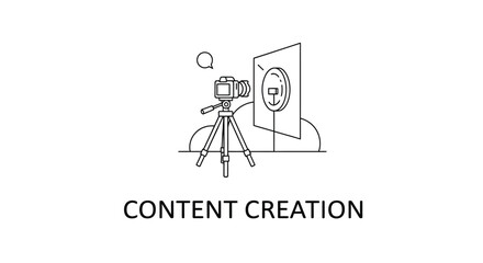 Hand drawn line art of professional camera on tripod filming a screen graphic indicating content creation concept vector