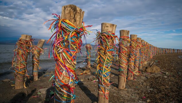 Brightly colored ribbons tied to wooden poles in a sacred shamanic site, representing ancient spiritual customs of Asia.