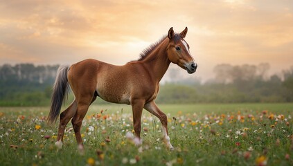 Obraz premium Young colt strolling through a blossoming garden under the spring sun