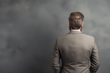 Businessman standing with his back to the viewer, contemplating a grey wall with a cloudy texture, symbolizing strategic thinking and decision making