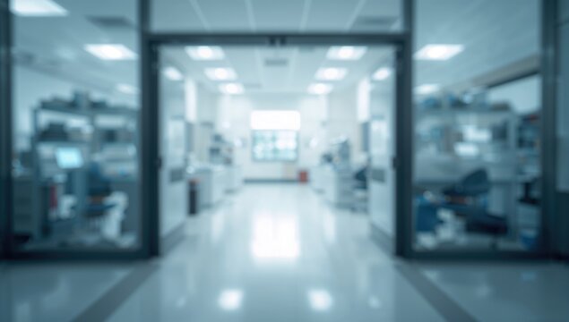 Out-of-focus picture of a contemporary science lab illuminated by a doorway, featuring a clinical and industrial setting, symbolizing medical research and development.