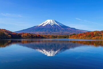Autumn foliage mirrored on a serene lake with a towering mountain backdrop