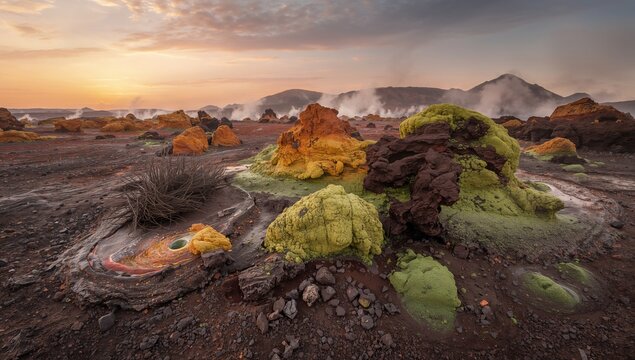 Corrosive and mineral deposits at a volcanic hydrothermal area in a desert depression