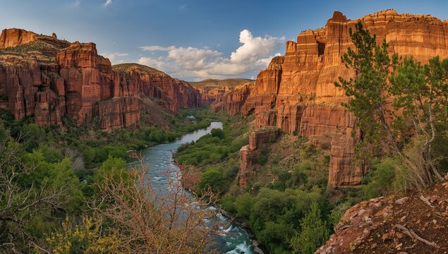 Spectacular gorge landscape with a river winding among rocky cliffs.