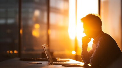 Silhouette of thoughtful professional working late against brilliant sunset light through office window