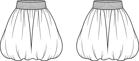 Gathered balloon skirt design, ribbed waistband flat sketch, puffed skirt vector, garment construction drawing, fashion illustration outline, cad drawing flat vector illustration