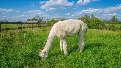 Naklejka premium Lovely alpaca feeding in the pasture