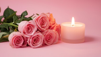 Candlelight surrounded by pink roses against a rosy backdrop
