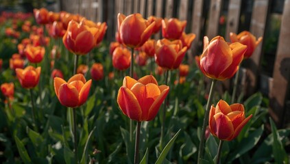 Obraz premium Close-up of tulip blossoms flourishing near a rustic wooden barrier in a cultivated field, softly blurred background.