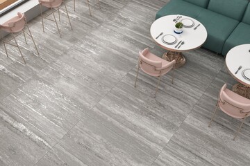 Luxury dining restaurant with wooden flooring, pastel green sofa set and nice ambience, pink comfy chairs. 3D Illustrations. 3D Rendering