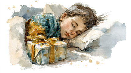 プレゼントの置かれたベッドで眠る子供