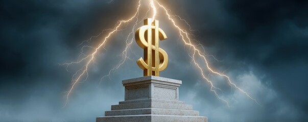 ฉoncept of economic risk and financial instability. A golden dollar sign stands atop a stone pedestal, illuminated by dramatic lightning against a dark, stormy sky.
