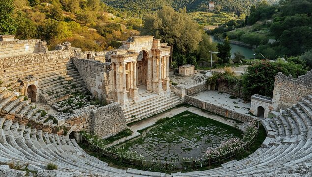 Historic ancient ruins with amphitheater and Harpy statue, UNESCO cultural site with stone walls and marble structures by a river