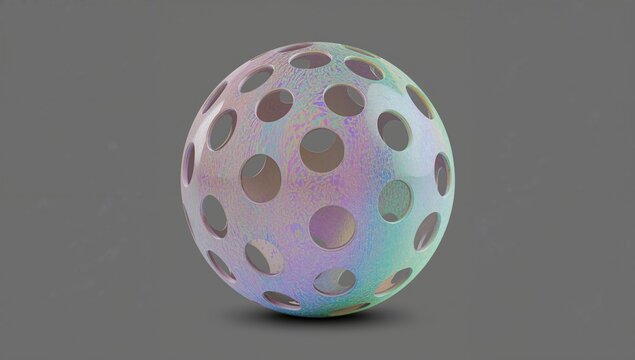 Vibrant liquid form, translucent iridescent hollow orb, round metallic figure with shimmering pearl finish, futuristic perforated art piece - Powered by Adobe