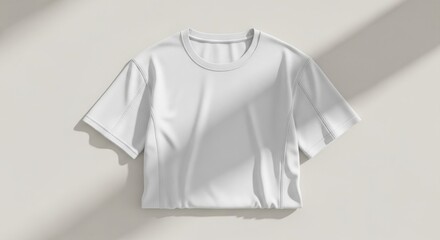 A clean, white, short-sleeved t-shirt lies on a neutral surface with shadows.
