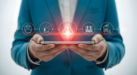 Businessman holding smartphone with warning sign and industry icons. symbolizing industrial safety and risk management concept.