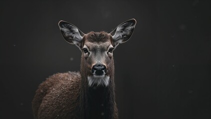 Isolated aged red deer portrait against a black backdrop