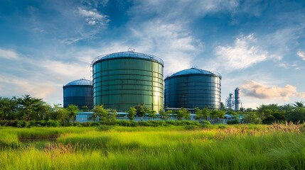 Fototapeta premium Massive cylindrical storage tanks dominate the landscape next to a processing facility under a bright sky