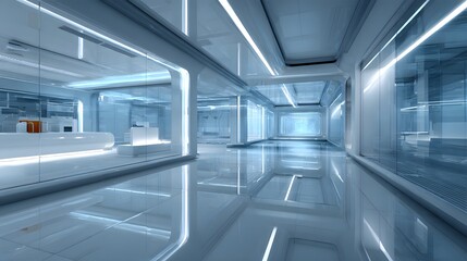 Obraz premium Brightly illuminated contemporary interior space features sleek architectural design and reflective surfaces
