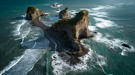 Dramatic coastal landscape featuring sea stacks, waves, and a serene atmosphere. The sea stacks rise majestically from the water, contrasting with the foamy waves.