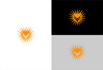 Stylized owl face logo in orange with radiating lines on 3 backgrounds