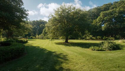Lush greenery and a vibrant grassy field with clear, soft shadows from bushes