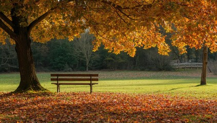 Obraz premium Tranquil fall scenery featuring a resting bench