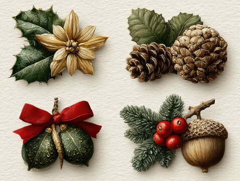 Five holiday wreaths in a horizontal line, each featuring traditional festive elements with different color combinations and textures Wreath 1 red berries, dark green leaves, gold aco - AI-Generated