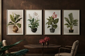 Six vertical rectangular poster mockups with plants and decorations on a plain dark brown wall background, illustration