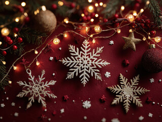 Detailed snowflake arrangement against dark backdrop, silver snowflakes with intricate patterns, red ornaments with gold detailing and star shapes, white lights, Christmas theme, festiv - AI-Generated