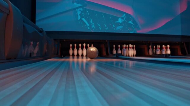 A cinematic camera follows a bowling ball as it rolls down the polished lane toward the pins, capturing motion, speed, tension, and anticipation in a dynamic, action-packed sports perspective