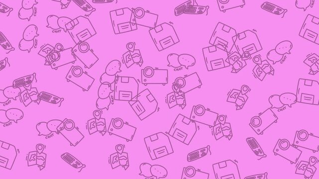 Pink background, floppy disks, speech bubbles suitable for technology, communication, retro concepts in designs, presentations, or social media posts.