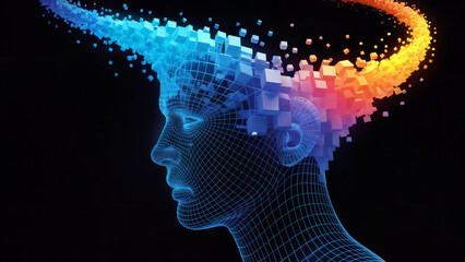 Obraz premium Dynamic mind visualization abstract human head concept exploding with vibrant digital data cubes