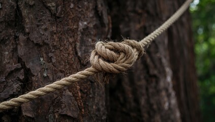 A thick rope made of hemp is wrapped around a massive tree trunk in a secure knot. Focus on the rope.