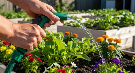 Person watering colorful flower and vegetable garden with hose. Backyard gardening for home plant care and agricultural hobby. Summer growing season.