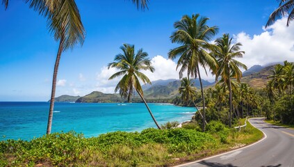 Seaside highway bordered by palm trees, facing a tropical sea