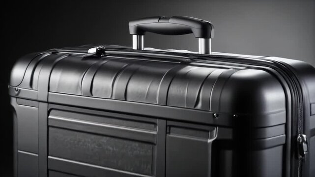 Durable Black Hard Shell Rolling Suitcase with Telescopic Handle and Textured Surface on a Dark Studio Background