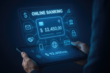 Person using tablet with holographic online banking interface showing account details and financial icons