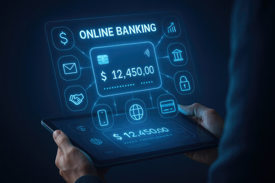 Person using tablet with holographic online banking interface showing account details and financial icons